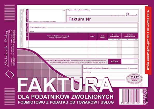 

Faktura dla zwolnionych z Vat A5 203-3E Nowa
