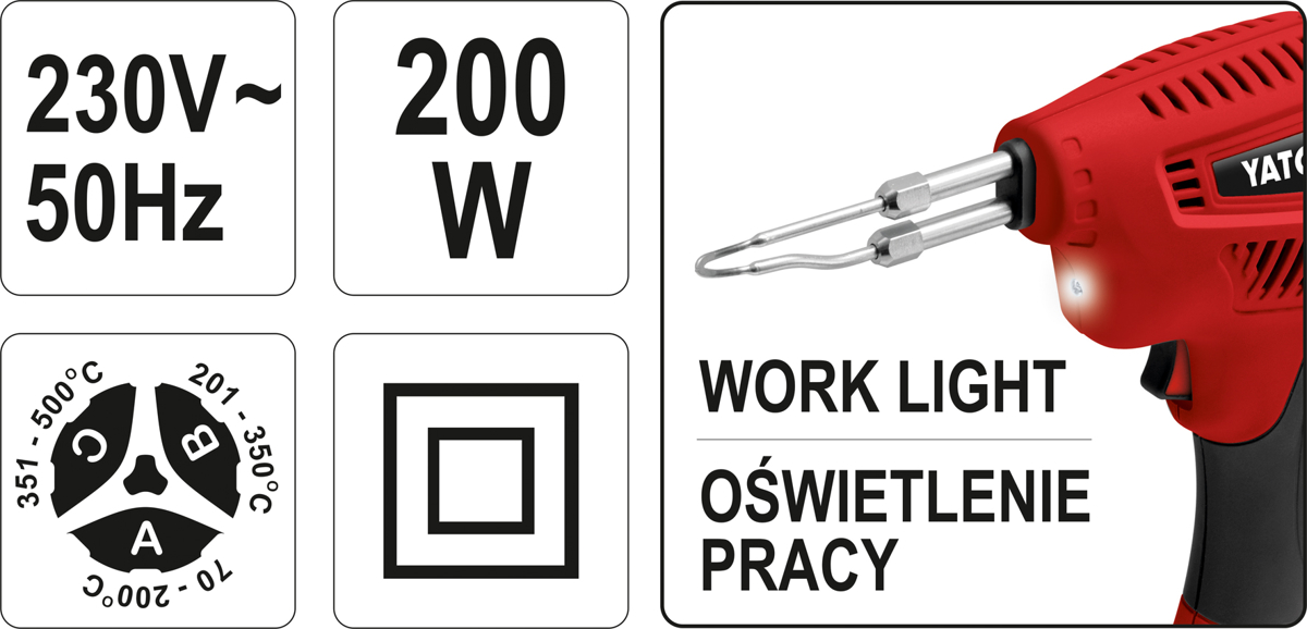 YATO LUTOWNICA TRANSFORMATOROWA 200W REGULACJA TEMPERATURY 3 TRYBY WALIZKA Rodzaj transformatorowa