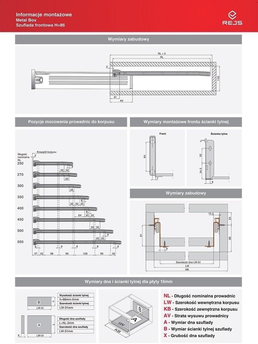 METALBOX metalowe boki do szuflady BIAŁE 500/86 Kod producenta 01168