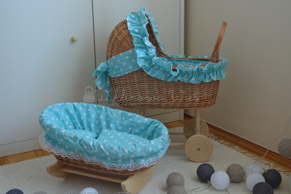 PREMIUM WÓZEK DLA LALEK +KOŁYSKA TURKUSOWE GROSZKI Marka Wiklinowa Wieś
