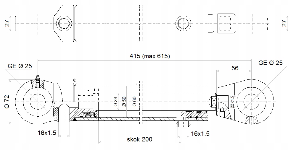 SIŁOWNIK CYLINDER TŁOK HYDRAULICZNY 50/28 SKOK 200mm L:415 HYDROLIDER Waga produktu z opakowaniem jednostkowym 6.05 kg