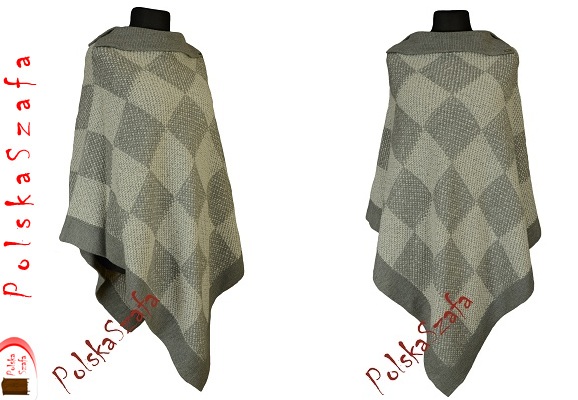 Popielate Poncho w Kratę 50% Wełna