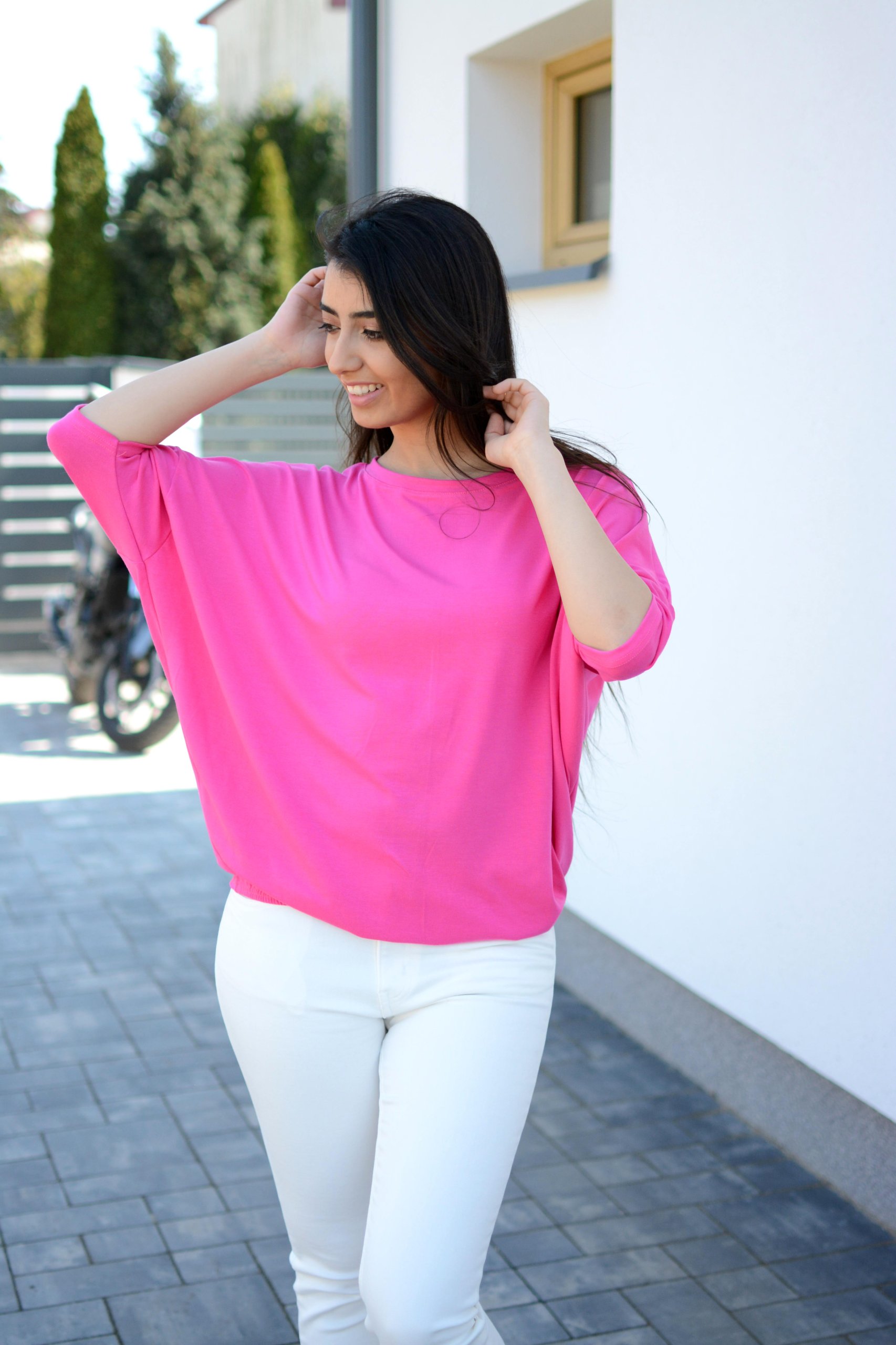 SZEROKA LUŹNA BLUZKA NIETOPERZ OVERSIZE KOLORY Rękaw krótki rękaw