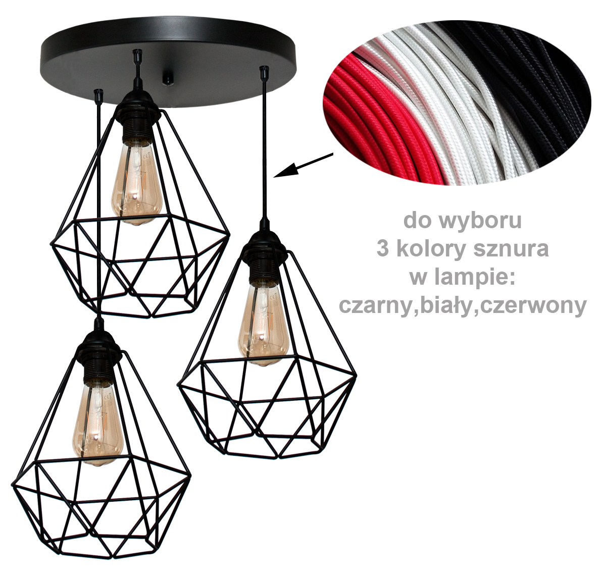 Lampa Wiszaca Diamond 3 Czarna 3 Kolory Sznura 7417194775 Allegro Pl