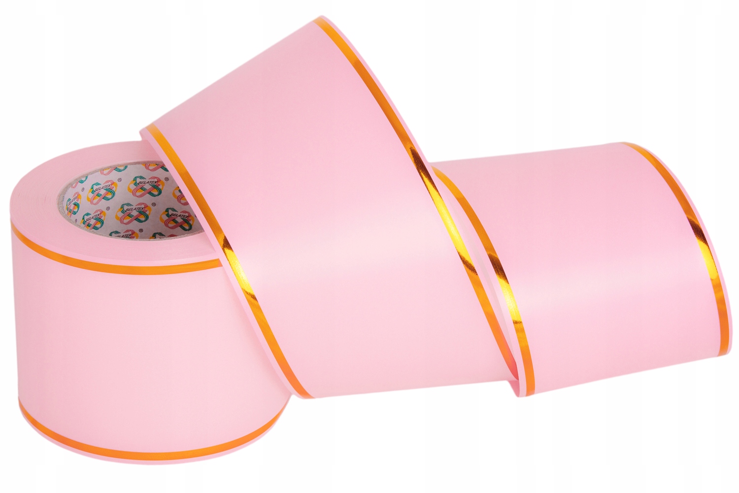Wstążka Z 2 Złotymi Paskami 10cm/45m Różowa Jasna