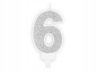 Świeczka cyfra 6 urodziny SREBRNY BROKAT