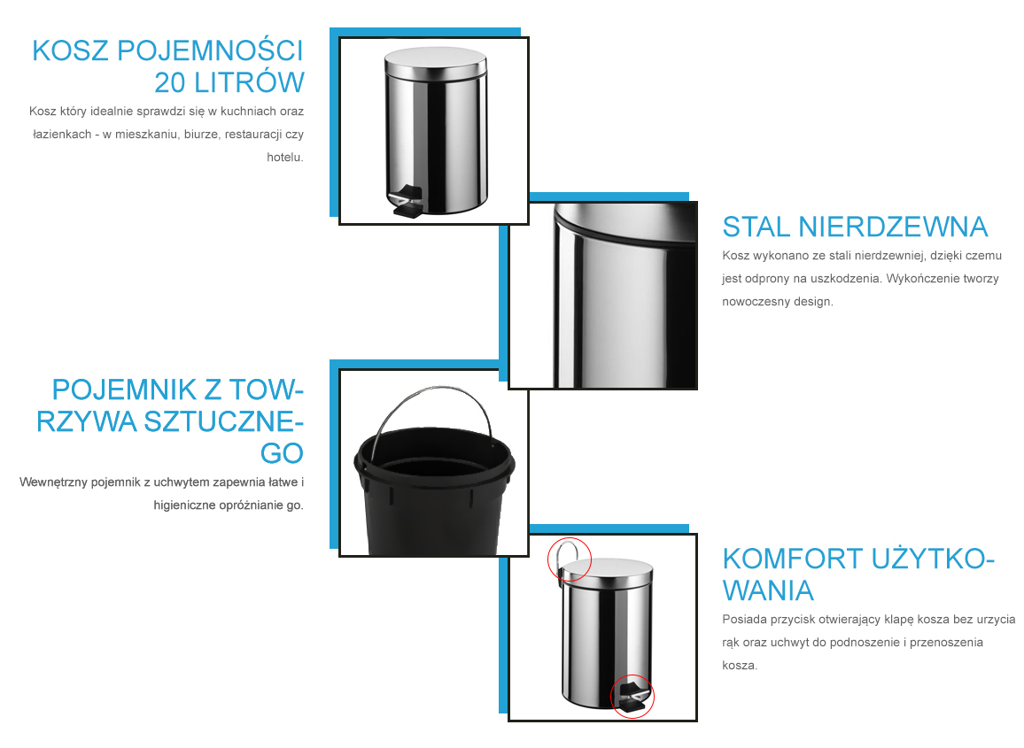Kosz pojemnik na śmieci 20 litrów stal połysk Marka Hendi