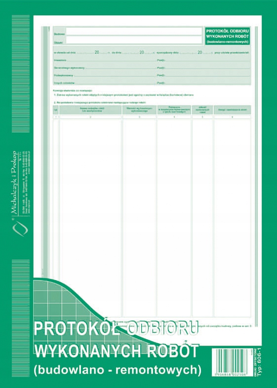 

Protokół Odbioru Wykonanych Robót budowl. A4 606-1