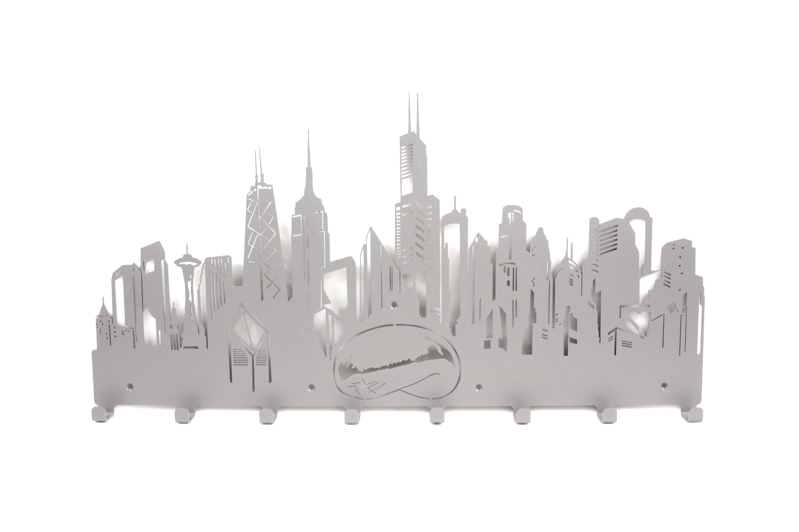 Nástěnný věšák na oblečení na klíče s panoramatem Chicago Dekorativní šedý