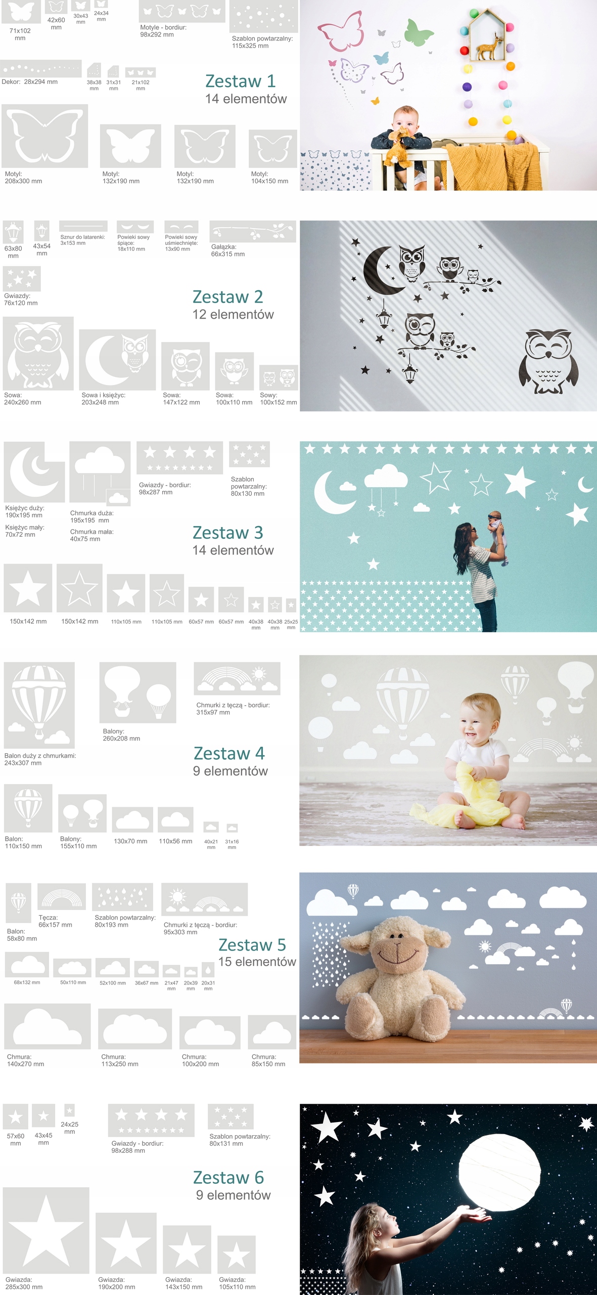 SZABLONY MALARSKIE WIELOROTNE 15 szt. - CHMURKI Szerokość produktu 14 cm