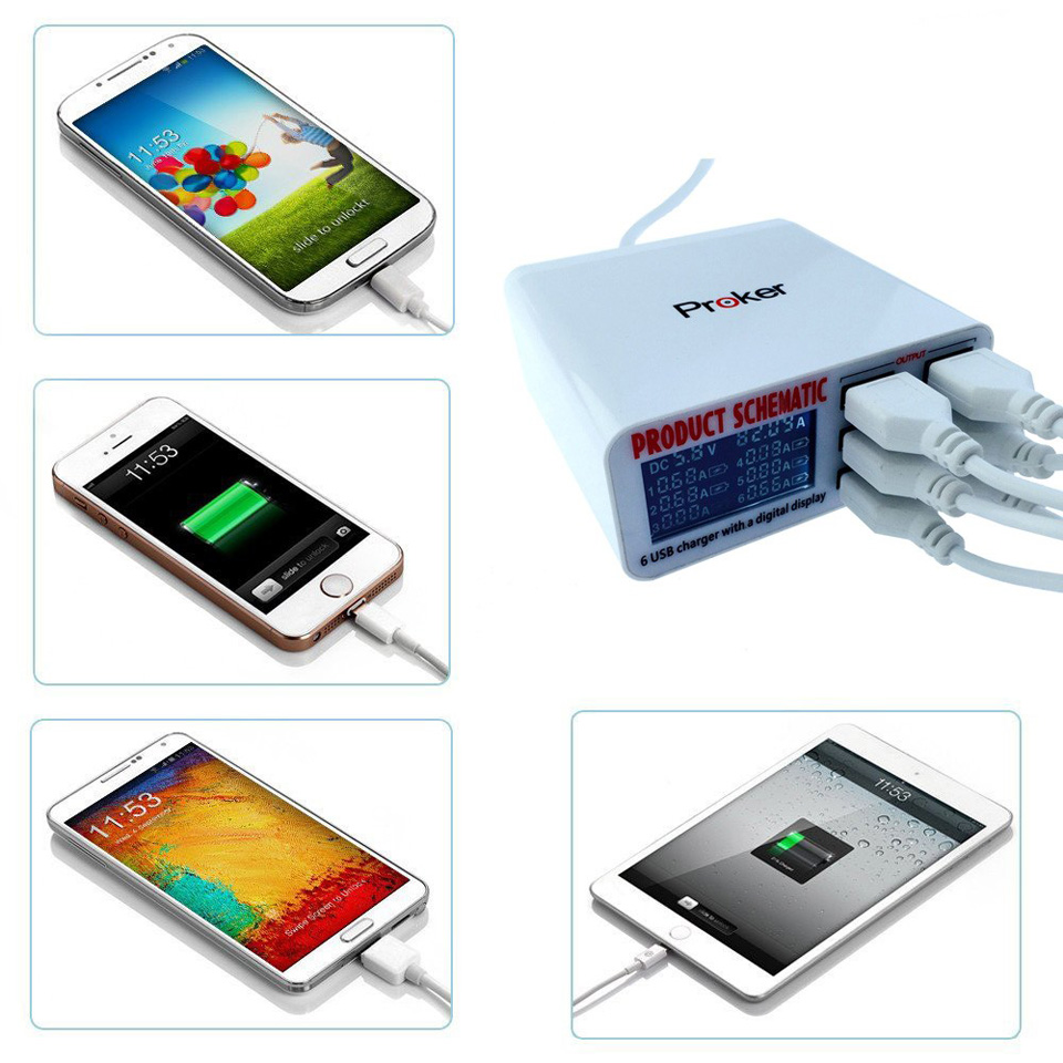 Ładowarka USB 30W, 6 wyjść, Pomiar wyświetlacz LCD Marka Lcd