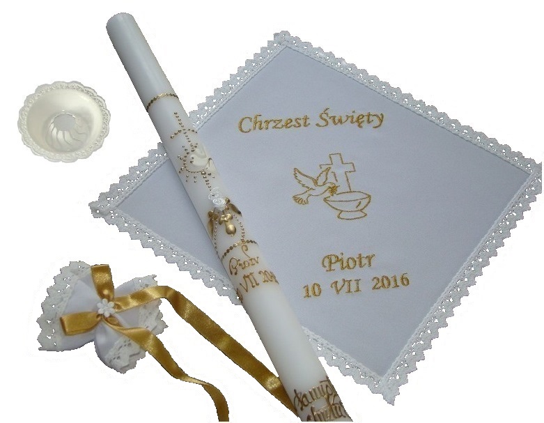 

Szatka i świeca do chrztu Haft imię+data Chrzest
