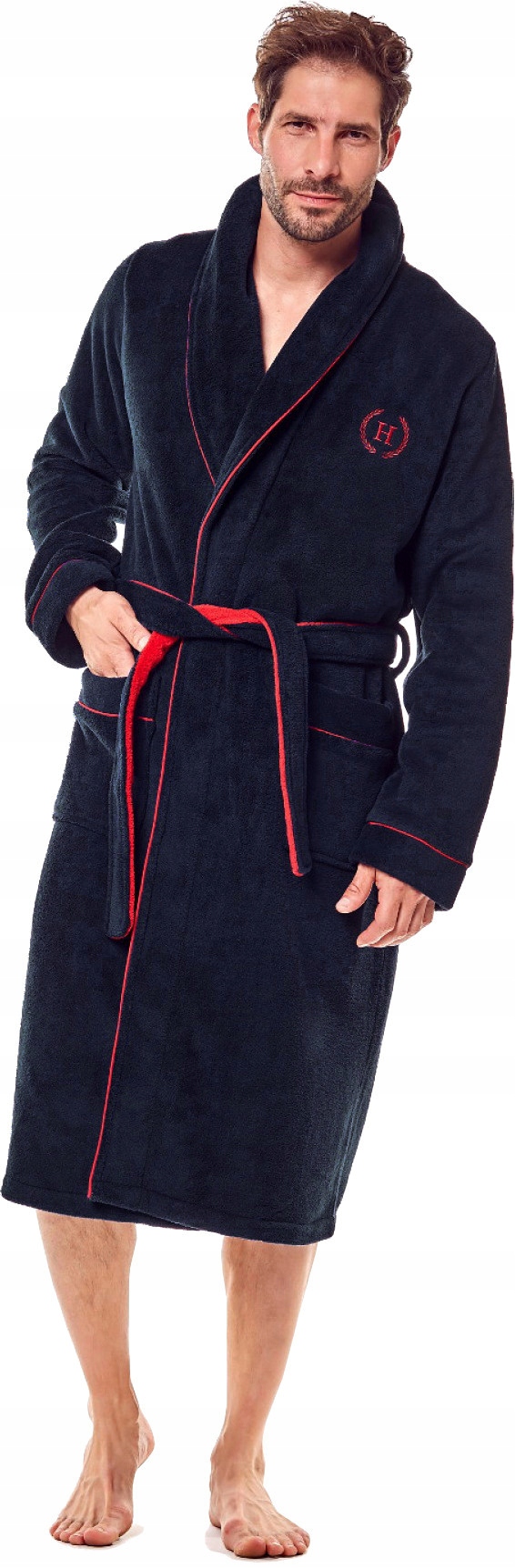 Pánský Župan Henderson S Hustou Fleecovou Tmavě Modrou Barvou A Červenými Akcenty