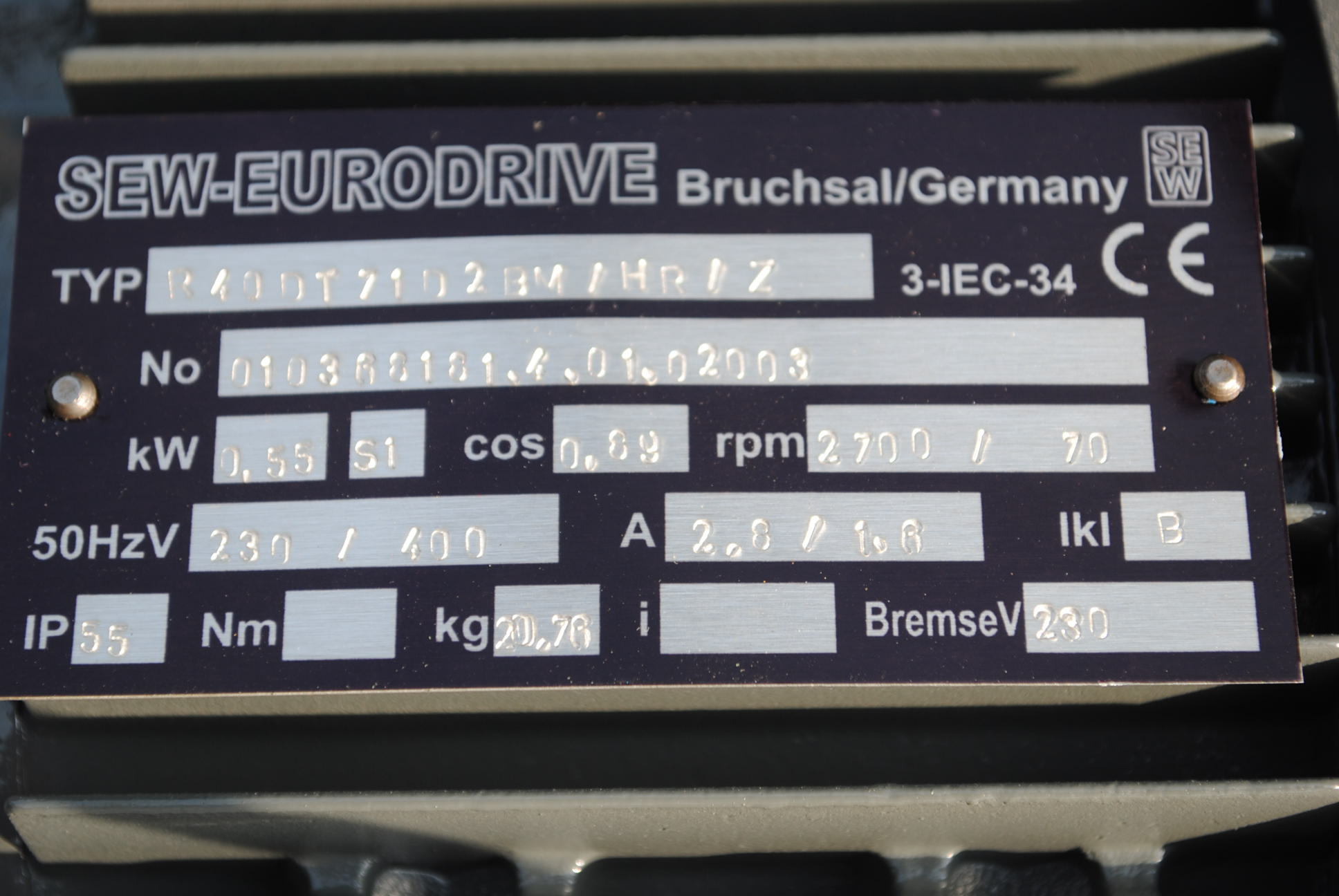 Motoreduktor 0.55kw. 70obr. z hamulcem. Firmy SEW. Marka SEW Eurodrive