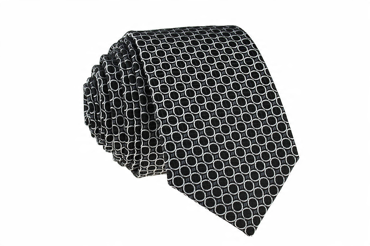 

Krawat Wąski Śledź 6 cm - Czarny W Białe Kółka
