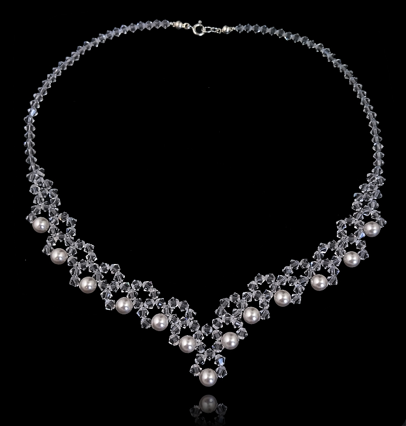 Naszyjnik srebrny ślubny kryształy perły 1975 Marka Arteo Bijou