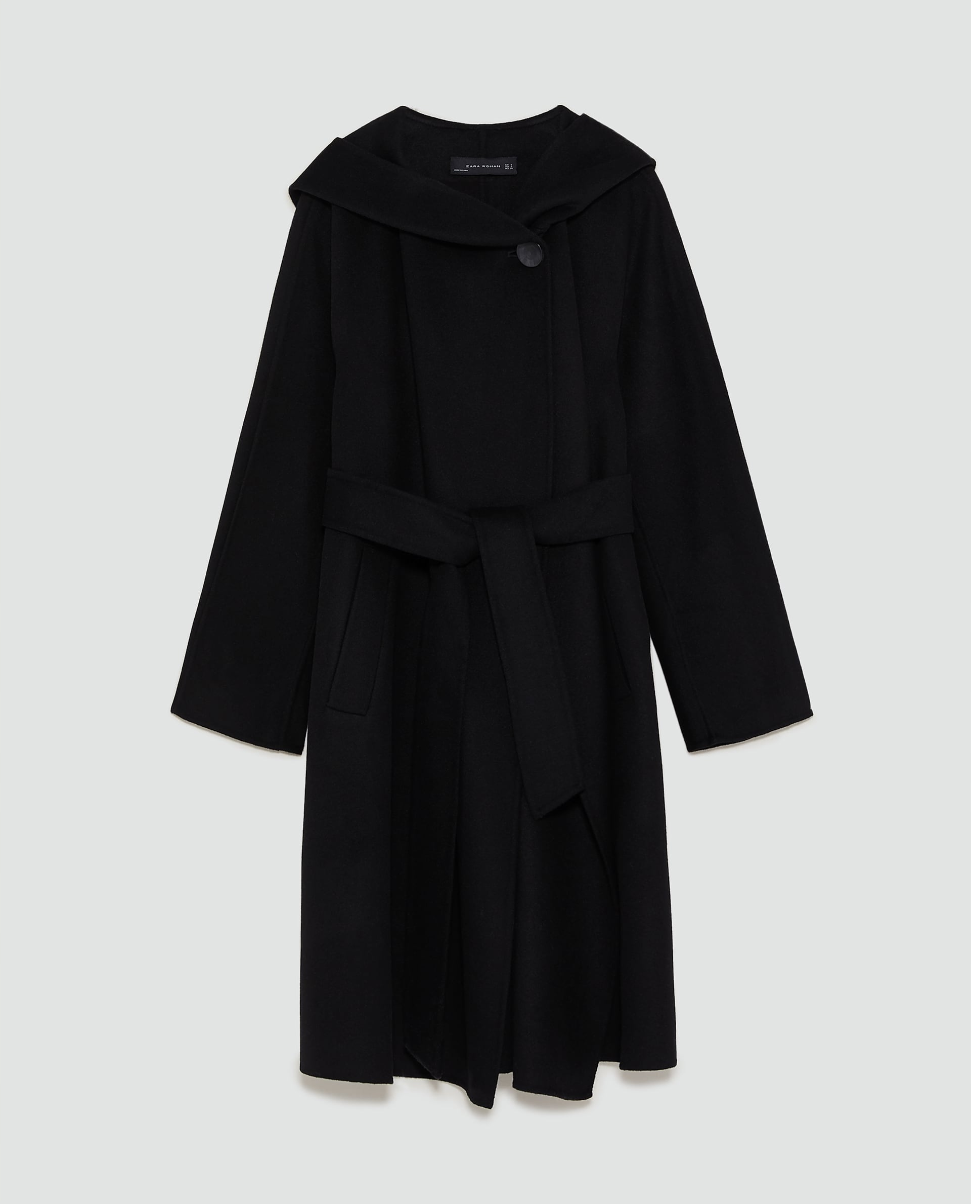vlnený kabát s kapucňou a opaskom Zara L
