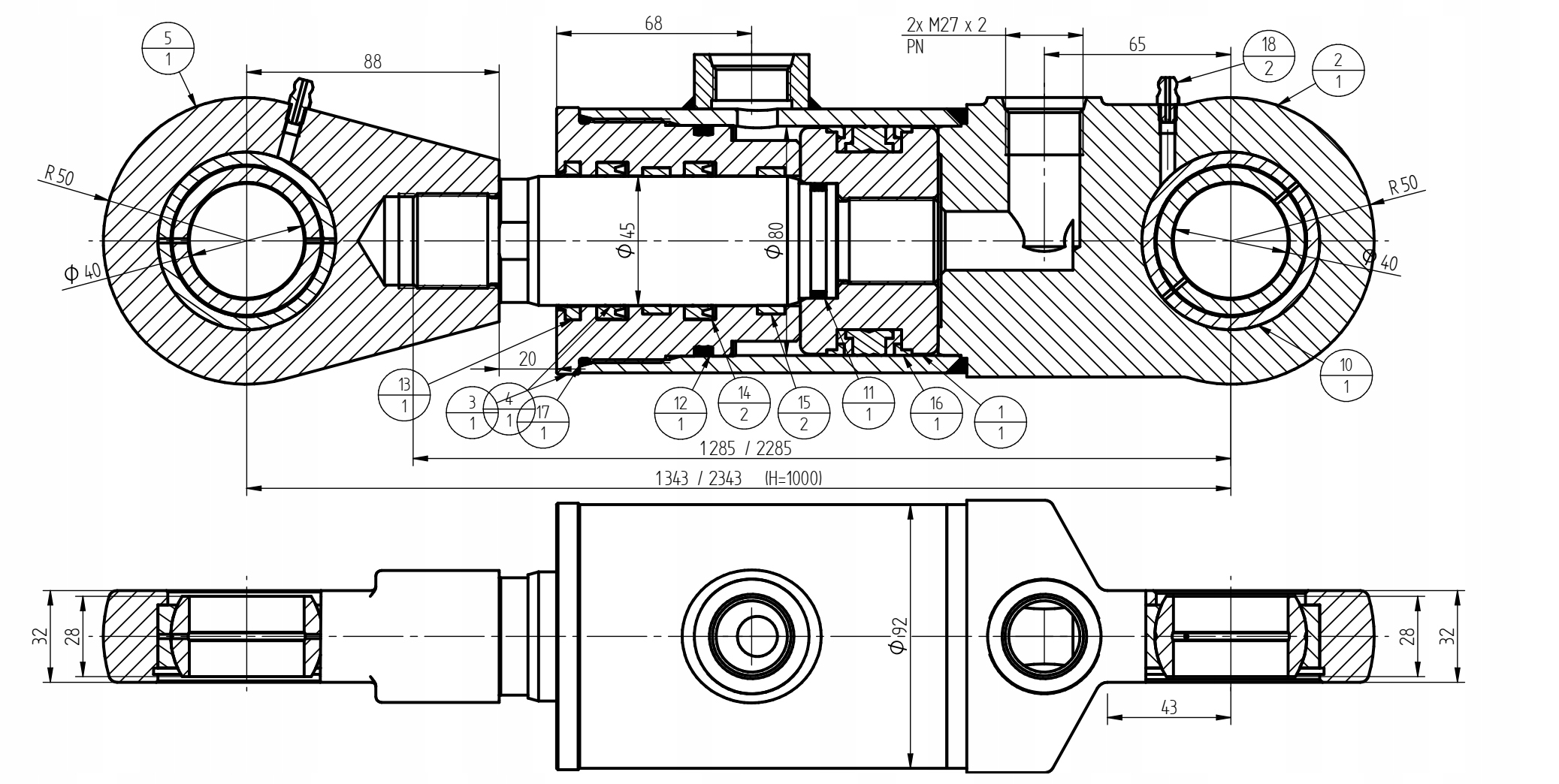 MOCNY SIŁOWNIK HYDRAULICZNY TŁOK 80x45 SKOK 1000 Numer katalogowy części CJ2F.80.45.1000-006U58S