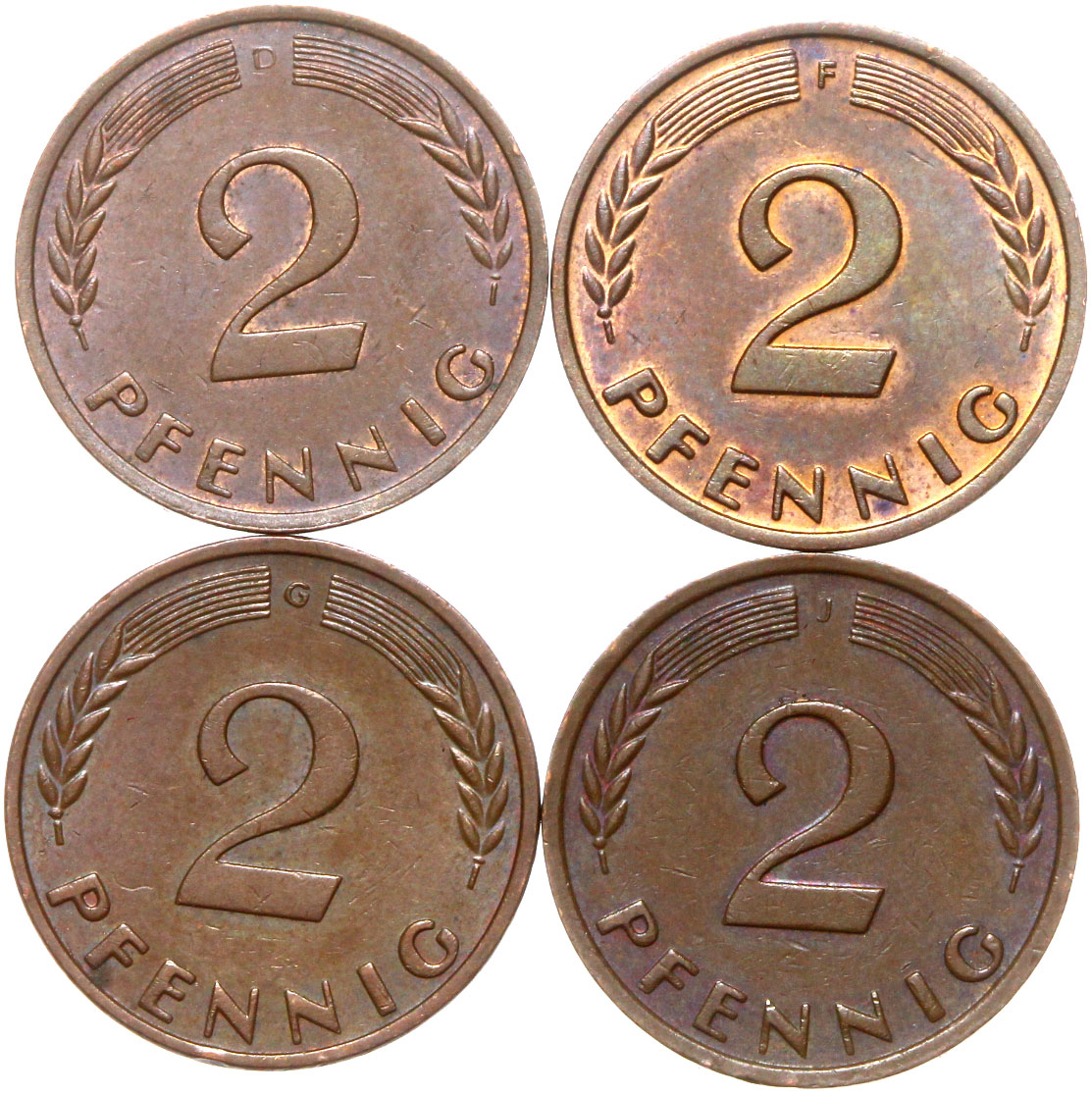 Sada mincí - Nemecko NSR - 4 x 2 Pfennig 1958 D F G J - VŠETKY MINCE