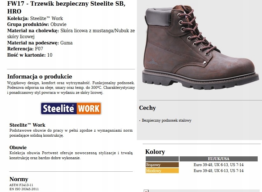 PORTWEST BUTY ROBOCZE TRZEWIKI DO 300'C FW17 48 Kategoria ochrony buta SB