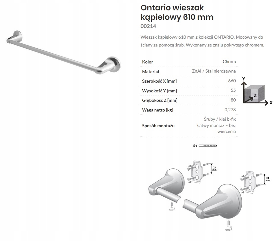 ONTARIO BISK WIESZAK KĄPIELOWY 610mm CHROM 00214 Marka Bisk
