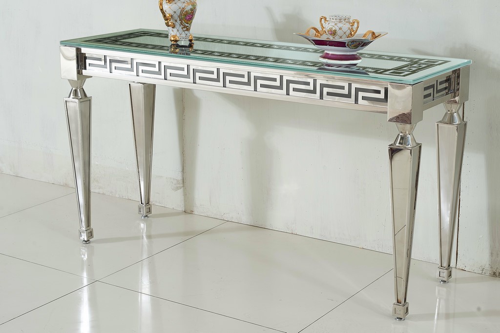 KONSOLA F375 150x45x80 BIAŁA SZKŁO STAL ORNAMENT Głębokość mebla 45 cm