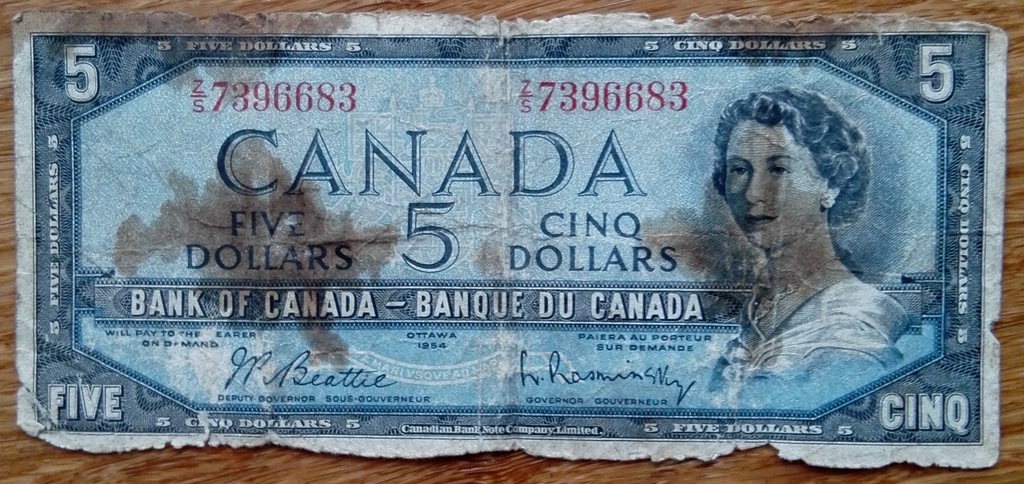 banknot 5 dolarów kanadyjskich 1954 Ottawa