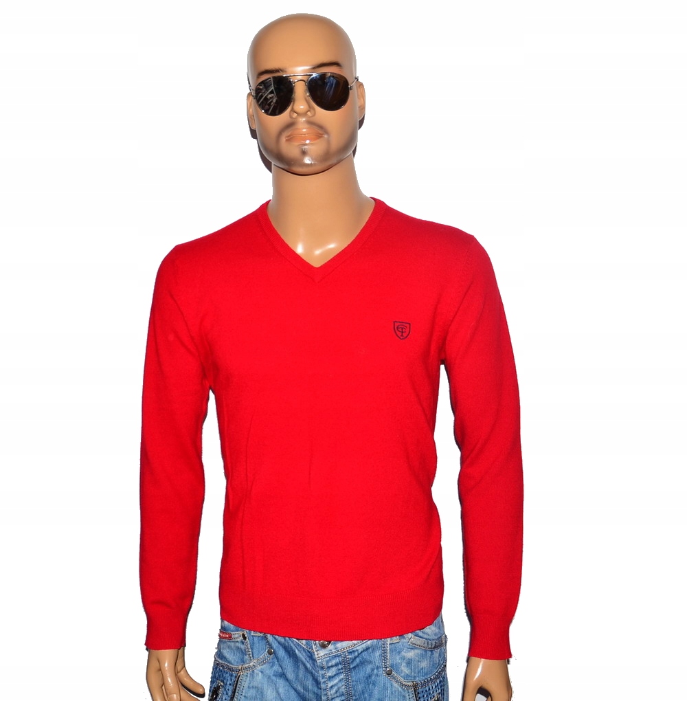 COTTONFIELD SWETER RED V-NECK LAMBSWOOL WEŁNA M