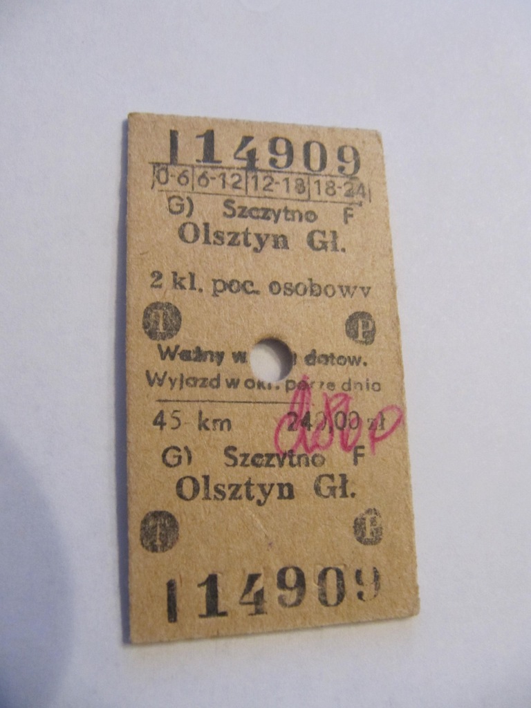 BILET KARTONIKOWY PKP SZCZYTNO - OLSZTYN GŁÓWNY
