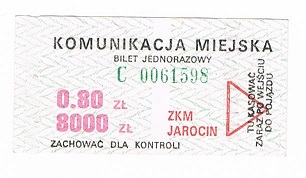 Bilet ZKM Jarocin za 0,80 zł  8 000 zł.