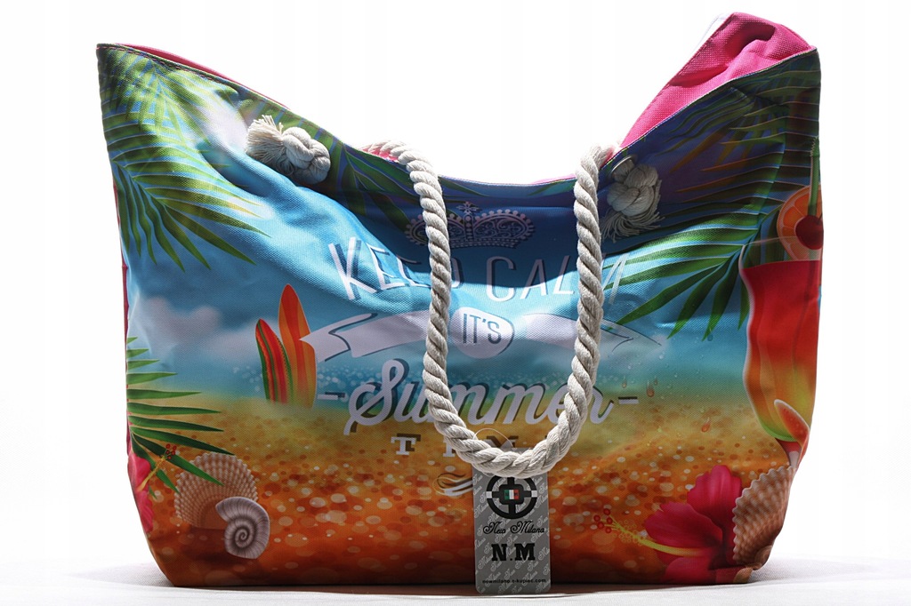 Duża torba plażówka zakupowa sznury, wzór plaża