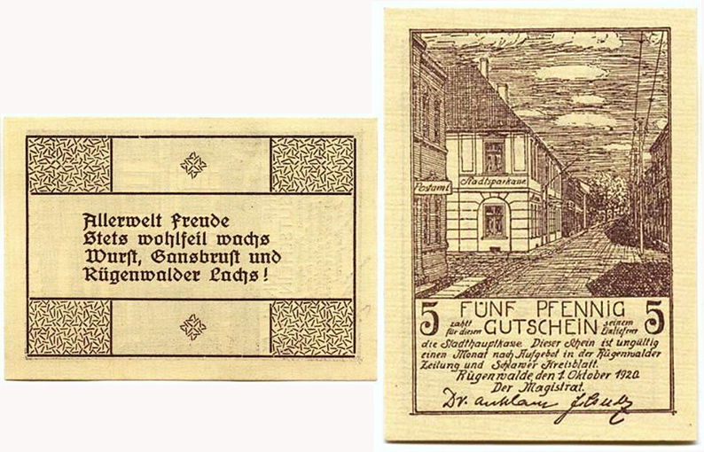 Banknot zastepczy Darłowo - 5 Pfennig - 1920