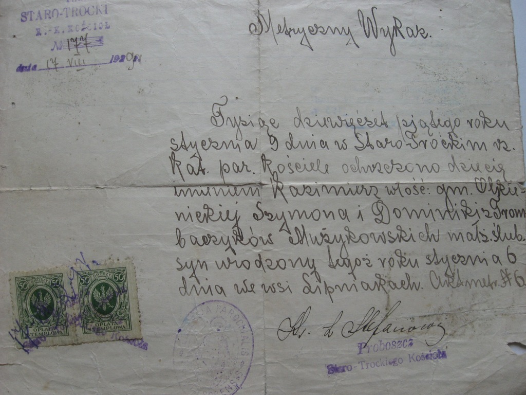 Stare Troki  metryka kościół Staro-Trocki 1929