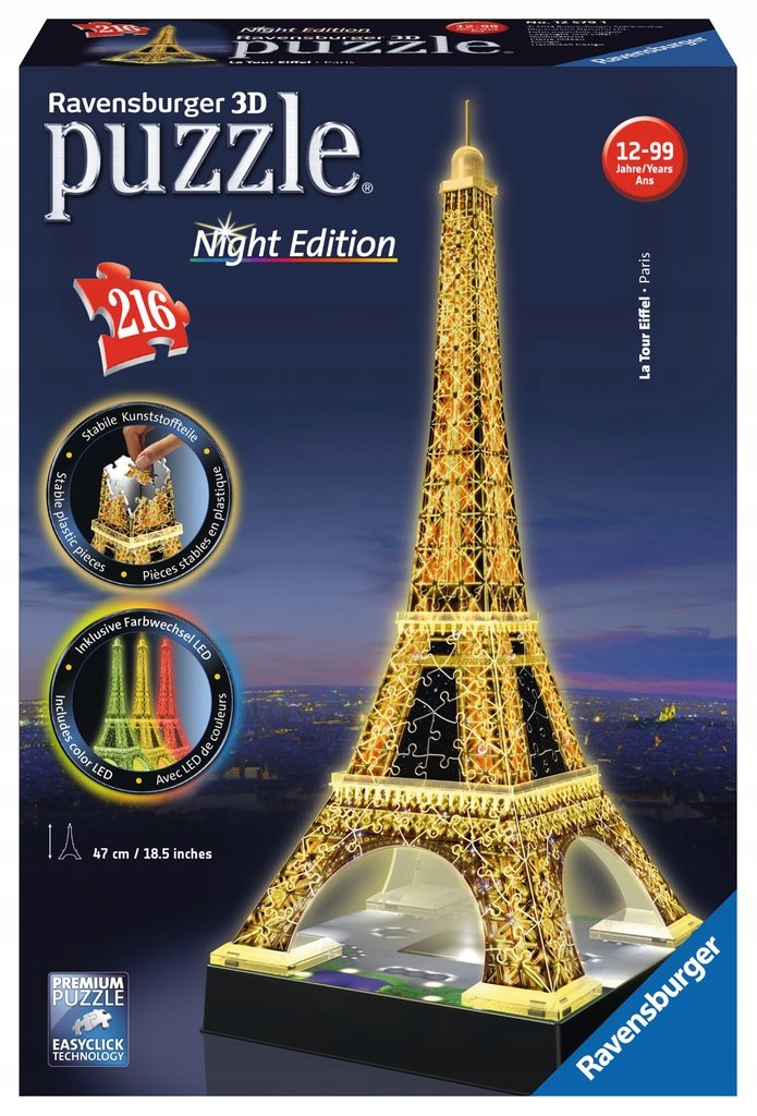 RAVENSBURGER WIEŻA EIFFLA PUZZLE 3D NOCĄ LED 47cm 7594652779