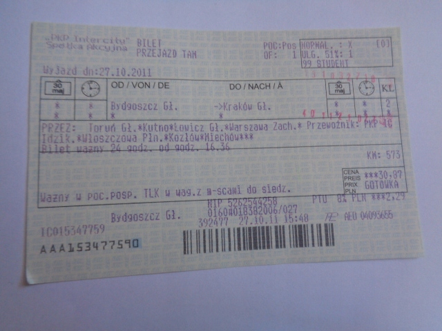 BILET PKP BYDGOSZCZ KRAKÓW 10 19