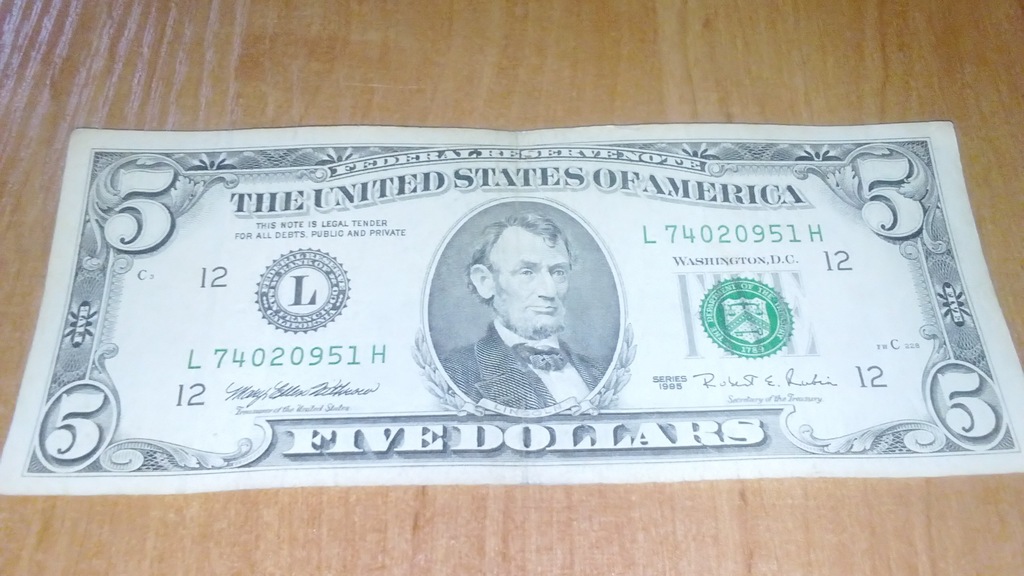 5 DOLARÓW , DOLLARS  USA  seria L - 1995