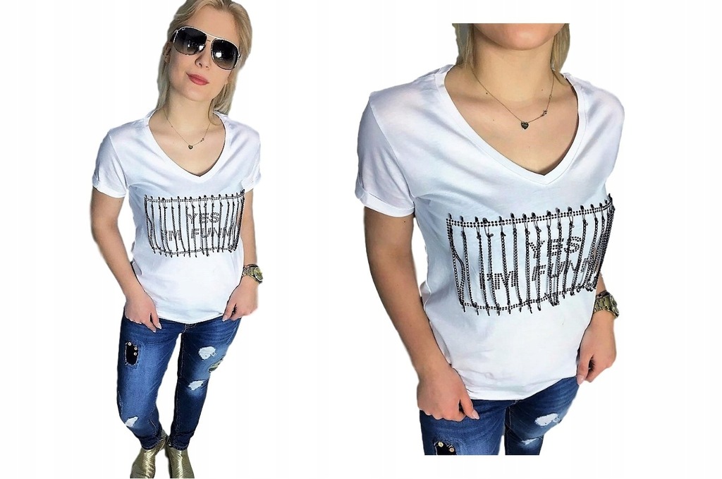 Koszulka T-shirt Biała z agrafkami i łańcuszkami S
