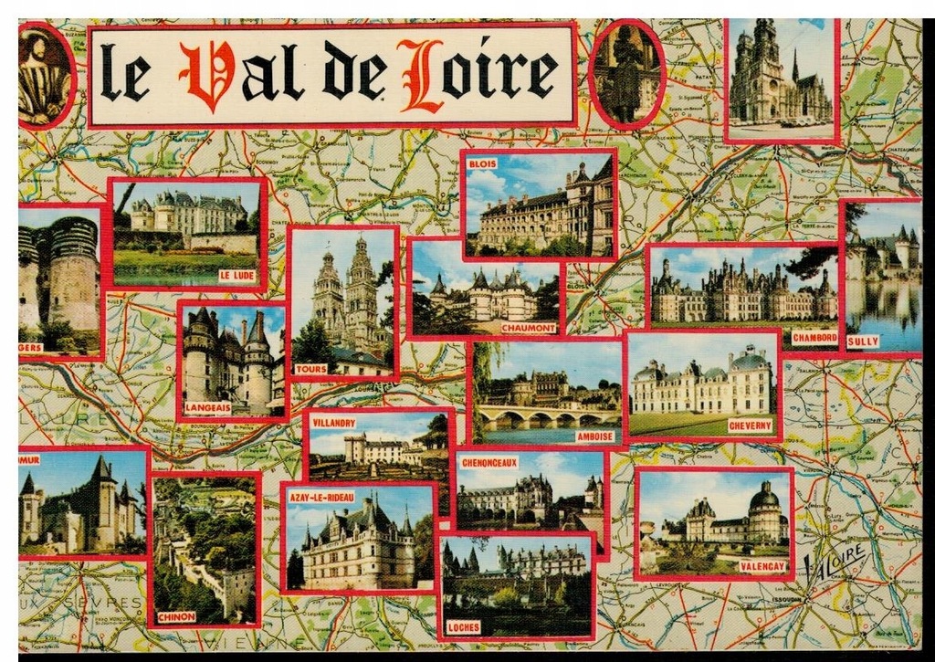 Pocztówka Francja Dolina Loary zamki mapa
