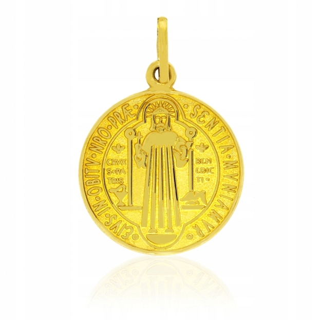 Złota zawieszka medalik dwustronny Święty Benedykt