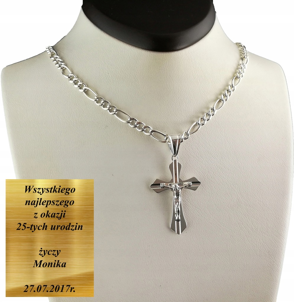 ŁAŃCUSZEK SREBRNY MĘSKI FIGARO 3mm +KRZYŻYK+GRAWER