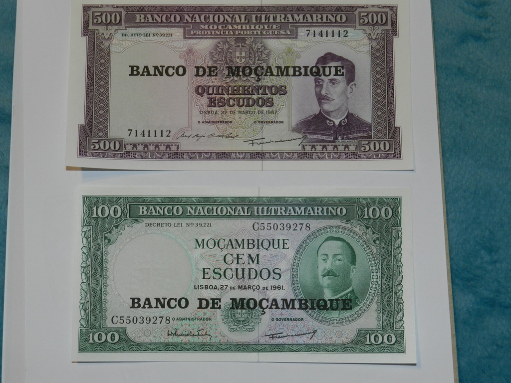 3 Banknoty 50,100 i 500 escudos Mozambik UNC