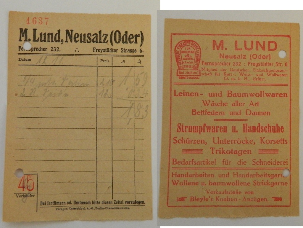 Rachunek M. Lund Neusalz Nowa Sól Asortyment Dane