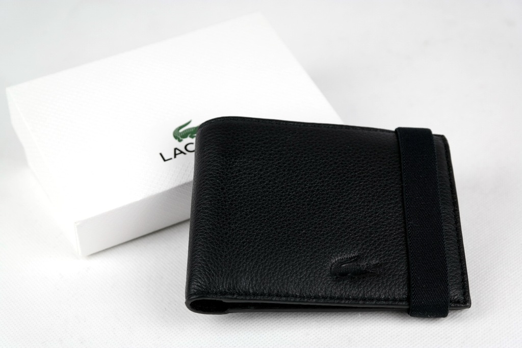 LACOSTE portfel męski SKÓRA czrny z gumką bilon