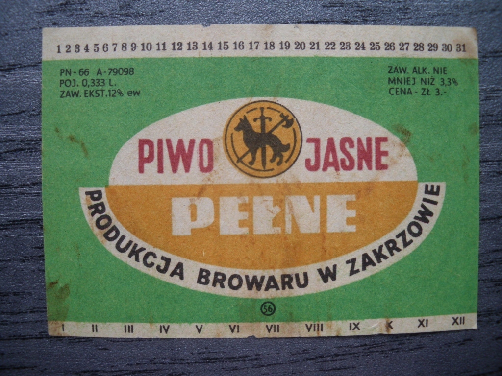 Etykieta Browar Zakrzów Piwo Jasne Pełne 1966