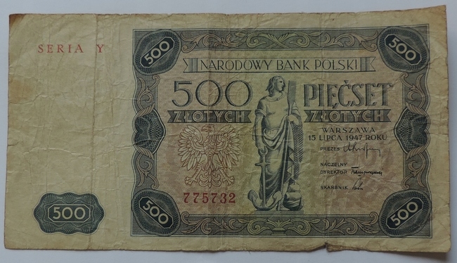 BANKNOT 500 ZŁOTYCH 1947 POLSKA - SERIA Y -NR193a