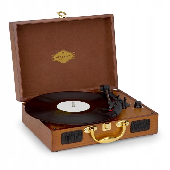 Gramofon w Stylu Retro Drewniany ze Złotymi Elemen