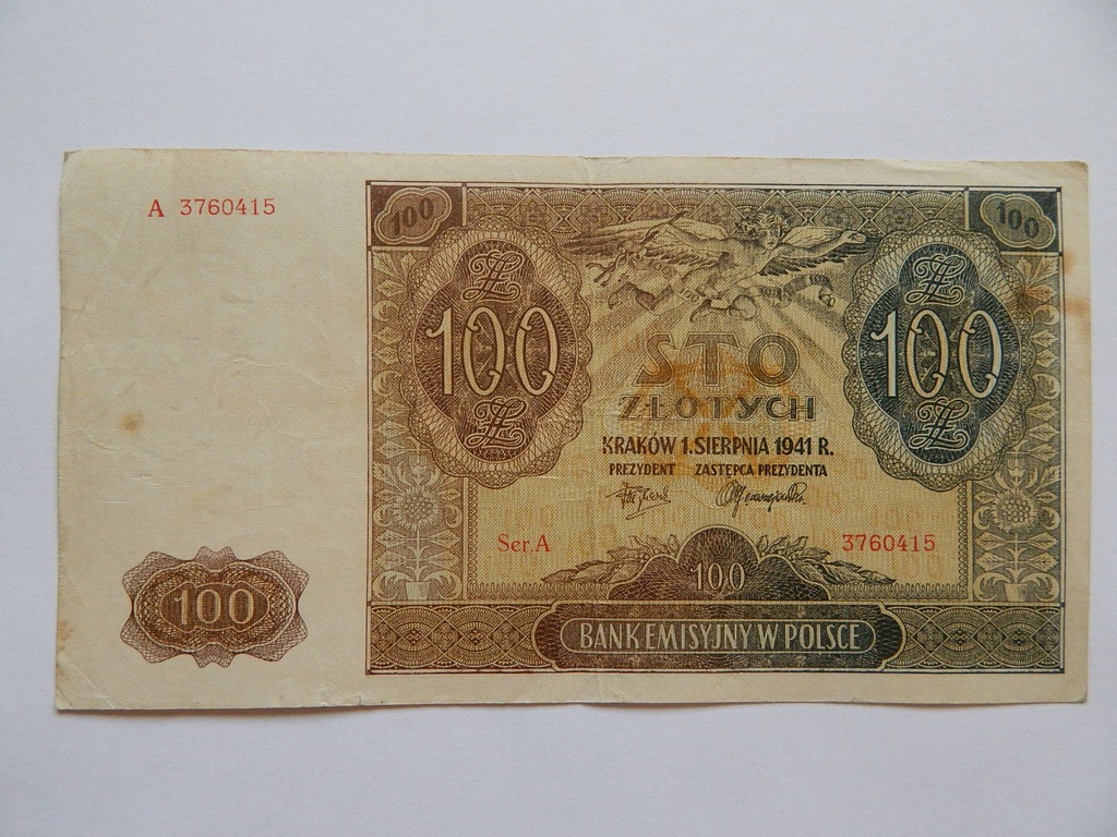 BANKNOT 100 Zł Z 1941 R SERIA A /48/ - 7361806836 - Oficjalne Archiwum ...