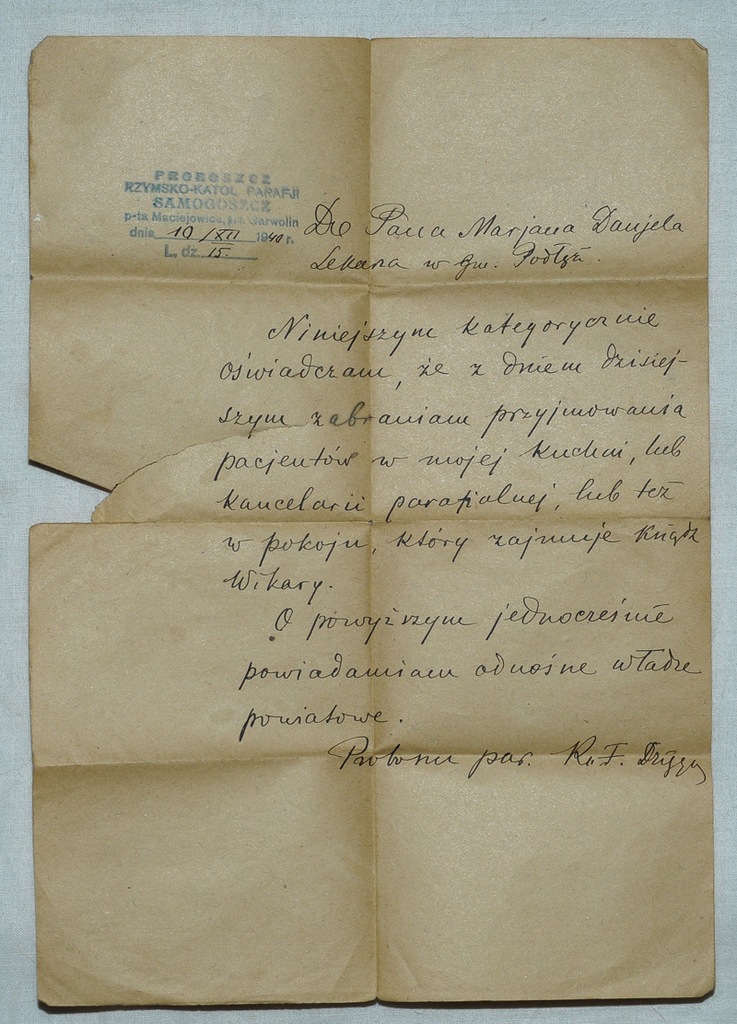 Ciekawy list Proboszcz  w Samogoszcz 1940