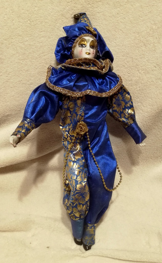 Pajac lalka duży niebieski złoty stary porcelana
