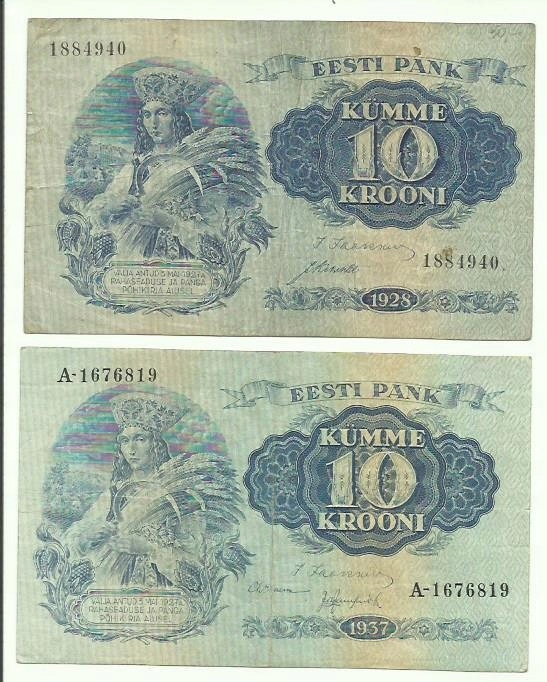 10 koron 2szt: 1928, 1937 Estonia